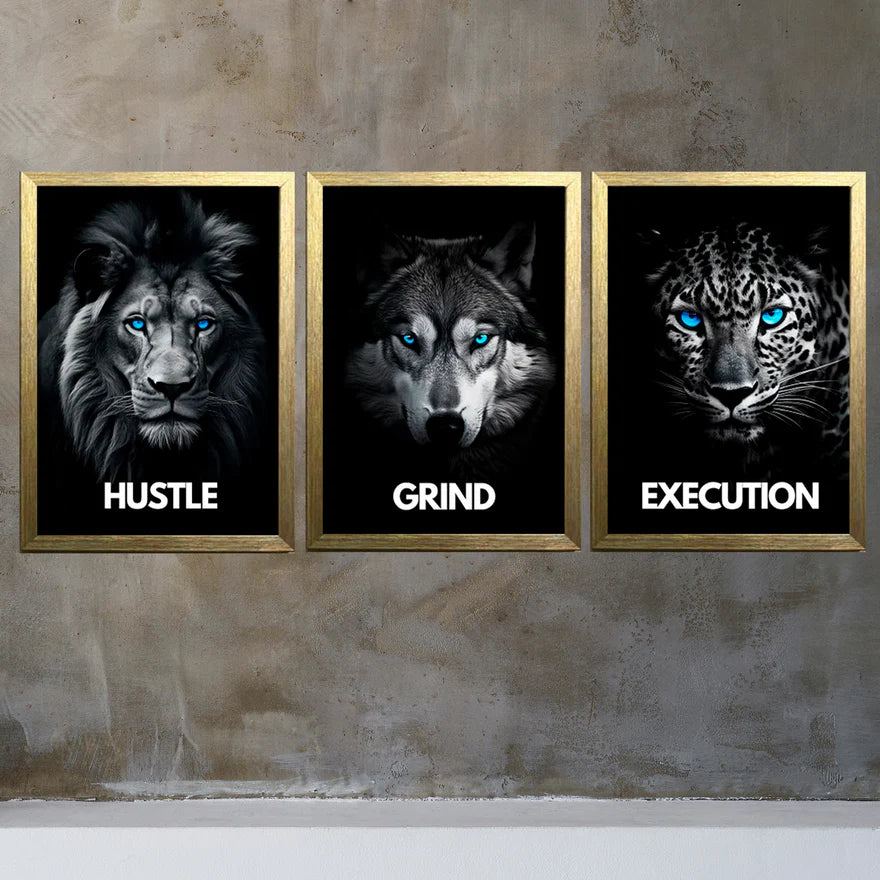 Hustle , Grind And Execution Quotes For Home And Offices Set of 3