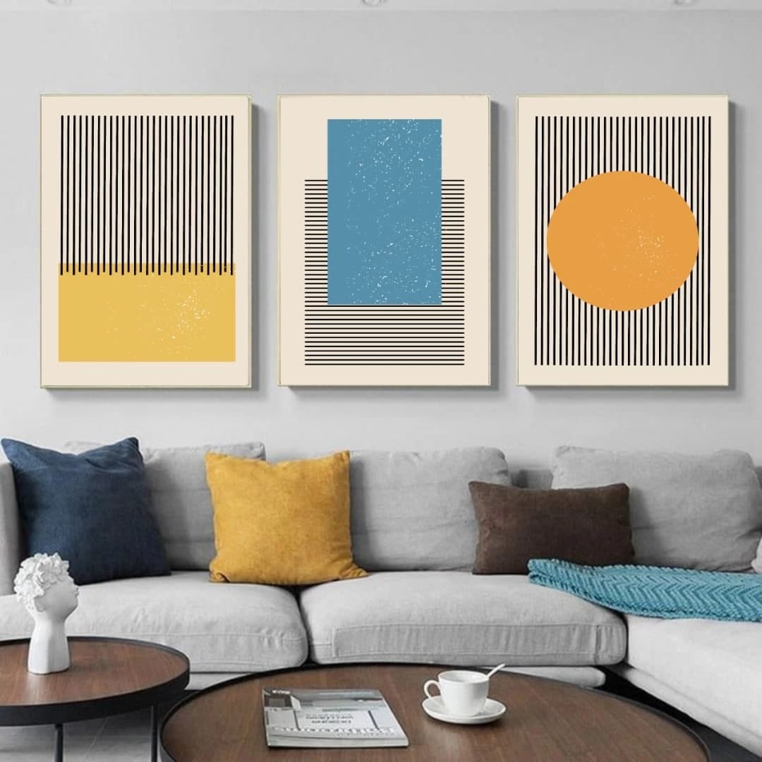 Abstract Yellow Blue Geometric Shapes Black Line Canvas Painting Wall Art Pictures for Living Room HOME Deocore